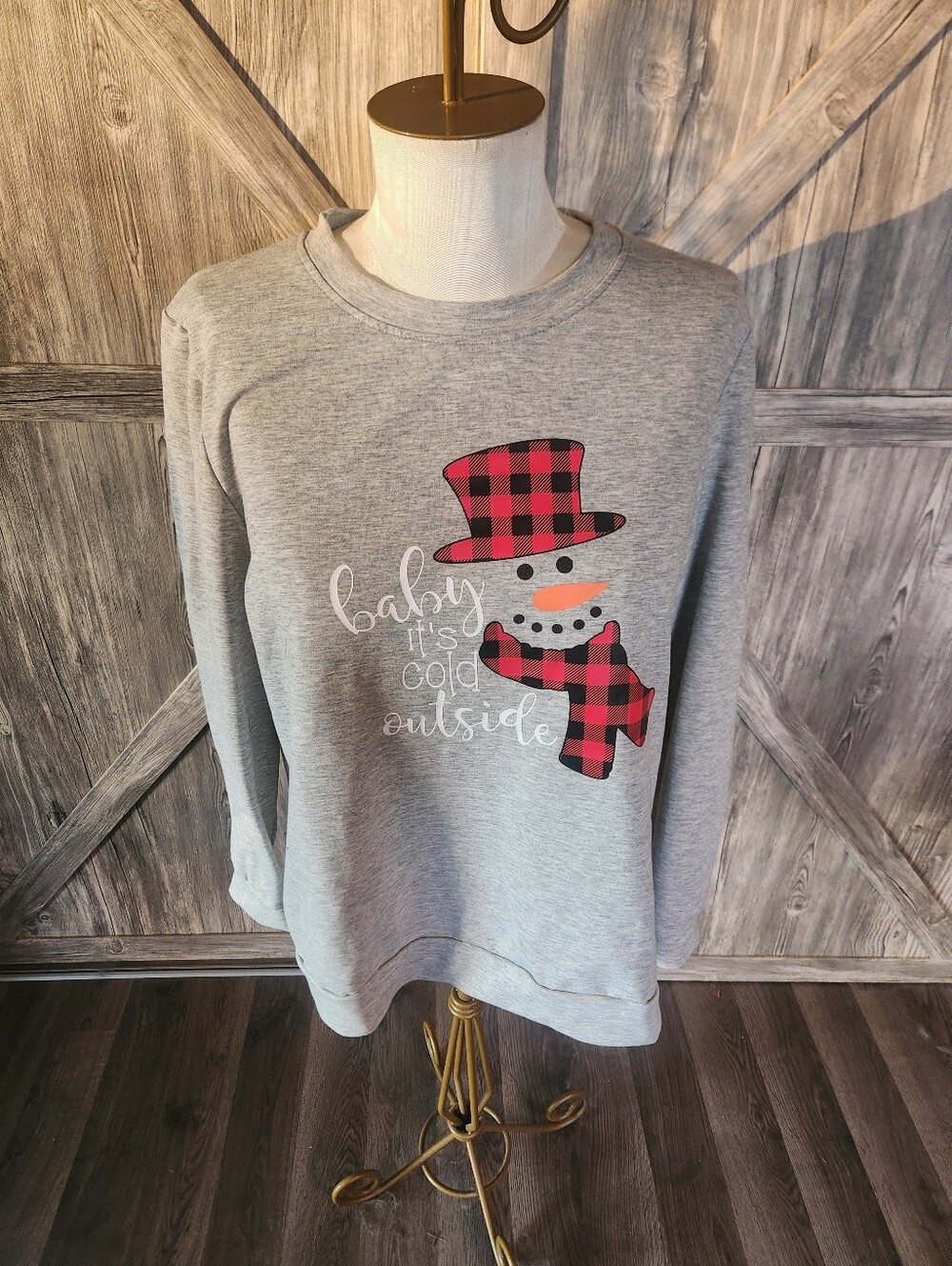 Grey Sweatshirt with Red Buffalo Plaid Snowman Graphic